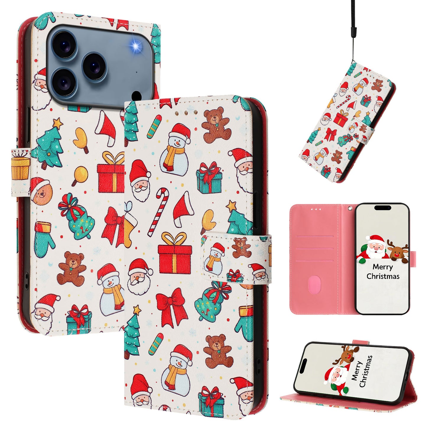 For iPhone 17 Pro Max Wallet Case Christmas Pattern Printing Leather Phone Cover with Lanyard - Christmas Elements