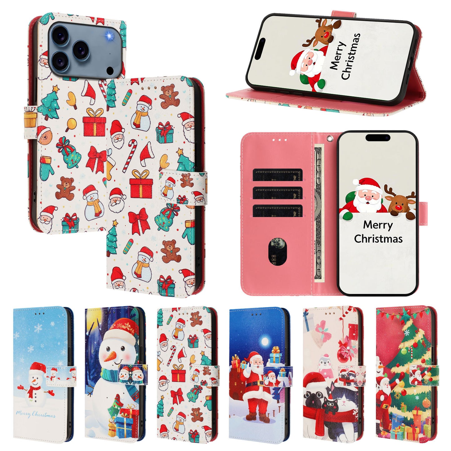 For iPhone 17 Pro Max Wallet Case Christmas Pattern Printing Leather Phone Cover with Lanyard - Christmas Elements