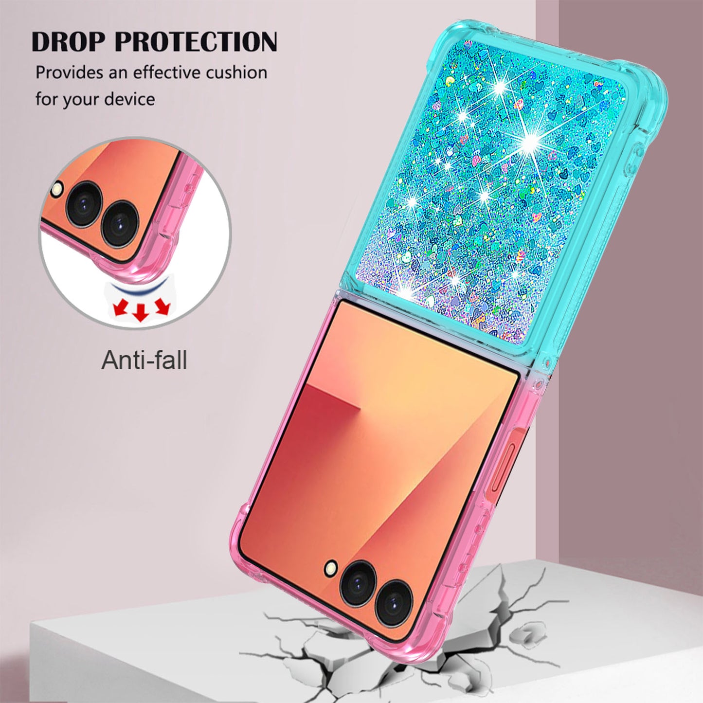 For Samsung Galaxy Z Flip7 5G TPU Case Gradient Quicksand Phone Back Cover - Pink+Sky Blue