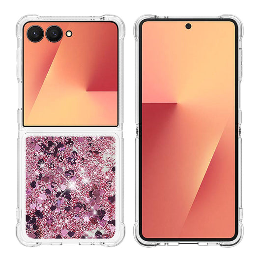 For Samsung Galaxy Z Flip7 5G TPU Case Glitter Quicksand Shockproof Phone Back Cover - Rose Gold / Hearts