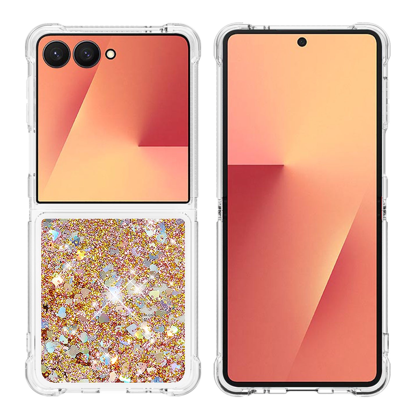 For Samsung Galaxy Z Flip7 5G TPU Case Glitter Quicksand Shockproof Phone Back Cover - Gold / Hearts