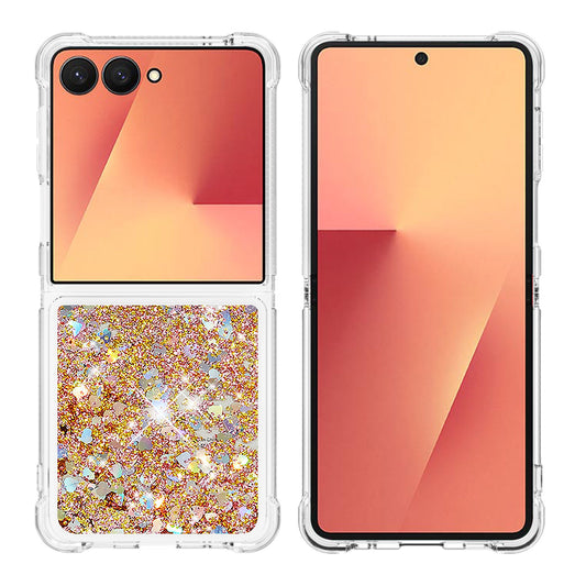 For Samsung Galaxy Z Flip7 5G TPU Case Glitter Quicksand Shockproof Phone Back Cover - Gold / Hearts