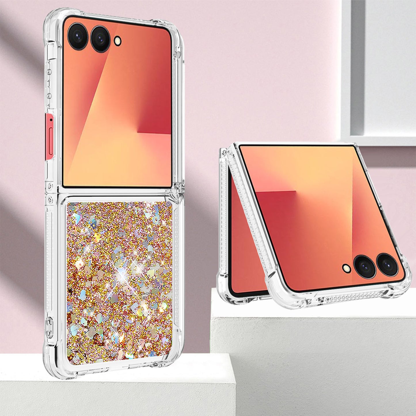 For Samsung Galaxy Z Flip7 5G TPU Case Glitter Quicksand Shockproof Phone Back Cover - Gold / Hearts