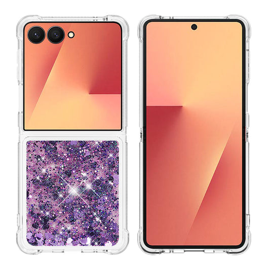 For Samsung Galaxy Z Flip7 5G TPU Case Glitter Quicksand Shockproof Phone Back Cover - Dark Purple / Hearts