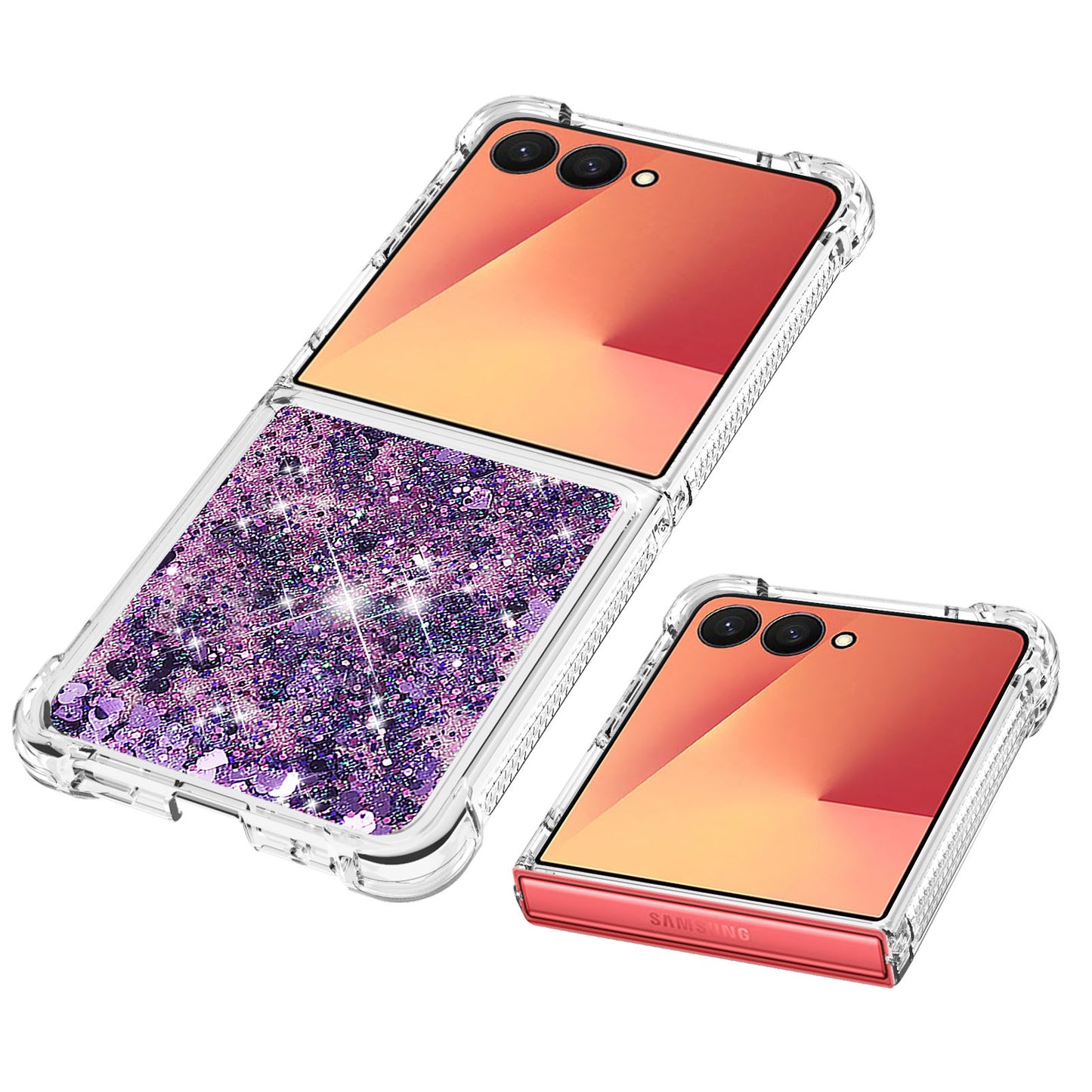 For Samsung Galaxy Z Flip7 5G TPU Case Glitter Quicksand Shockproof Phone Back Cover - Dark Purple / Hearts