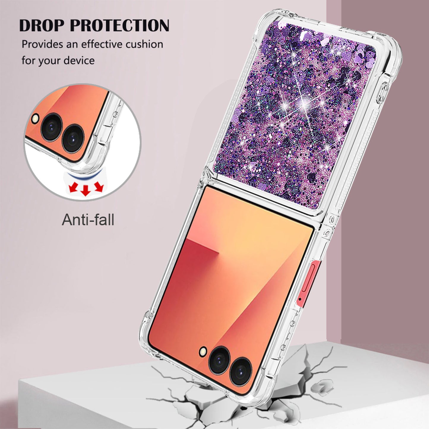 For Samsung Galaxy Z Flip7 5G TPU Case Glitter Quicksand Shockproof Phone Back Cover - Dark Purple / Hearts