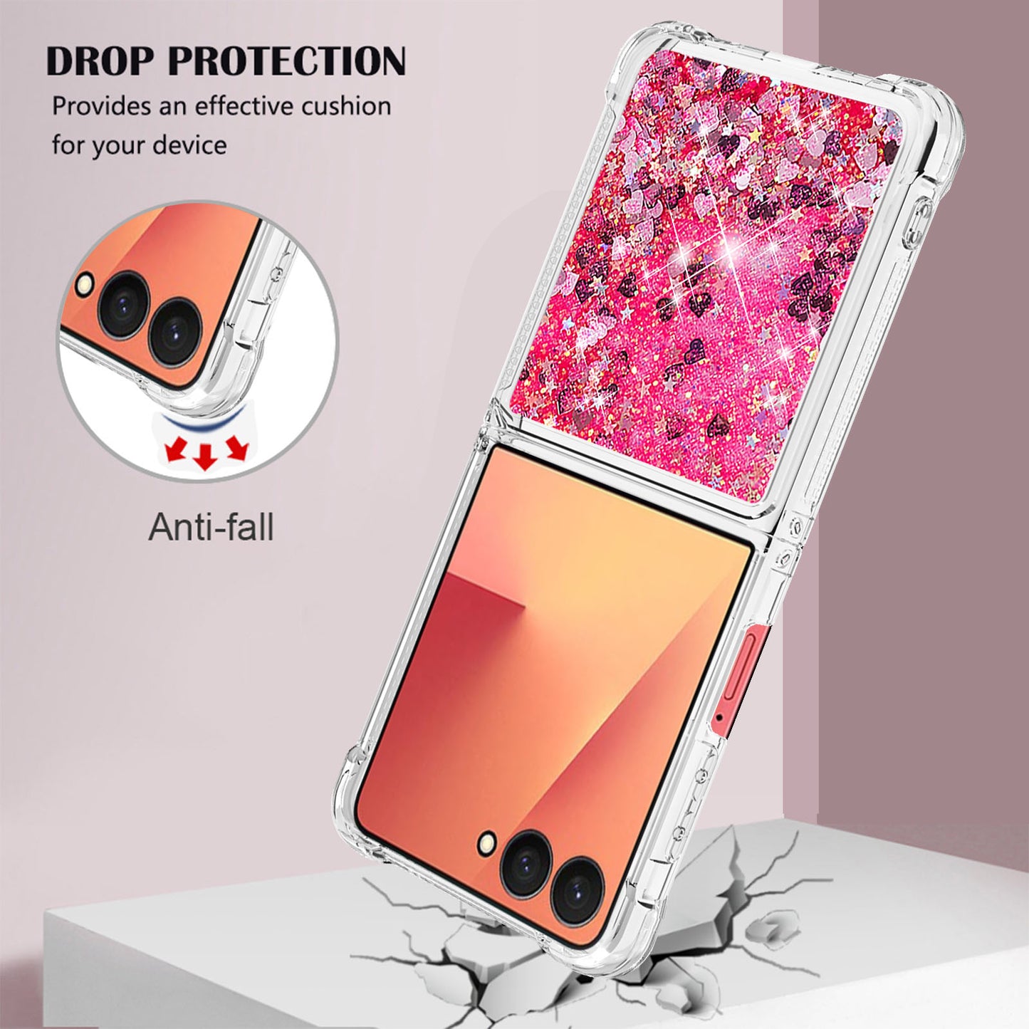 For Samsung Galaxy Z Flip7 5G TPU Case Glitter Quicksand Shockproof Phone Back Cover - Pink / Hearts