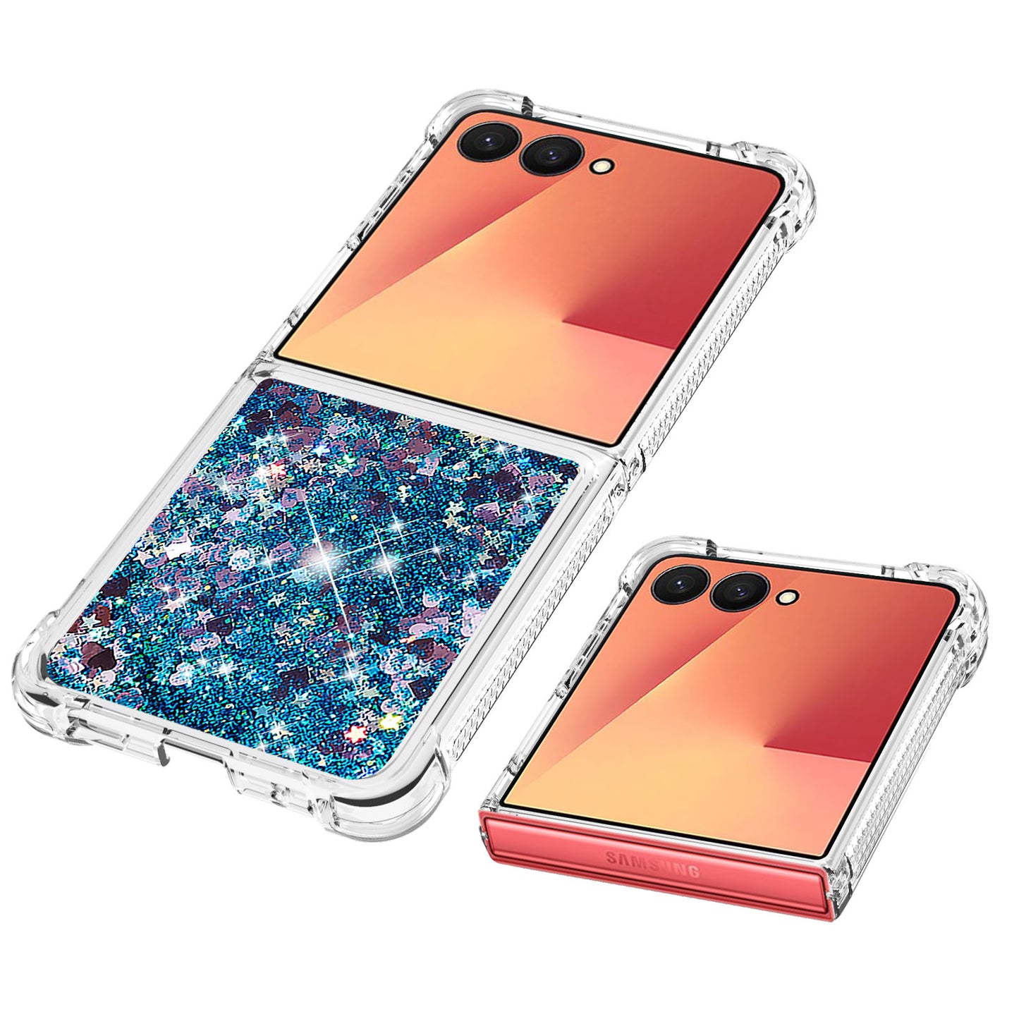 For Samsung Galaxy Z Flip7 5G TPU Case Glitter Quicksand Shockproof Phone Back Cover - Blue / Hearts