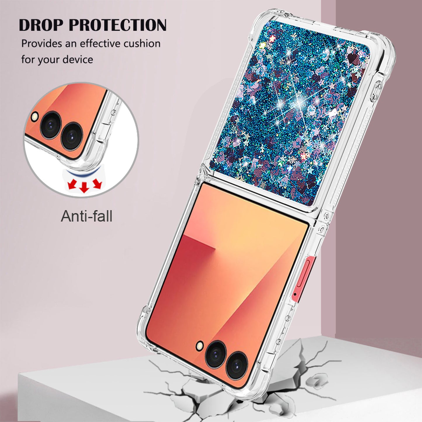 For Samsung Galaxy Z Flip7 5G TPU Case Glitter Quicksand Shockproof Phone Back Cover - Blue / Hearts