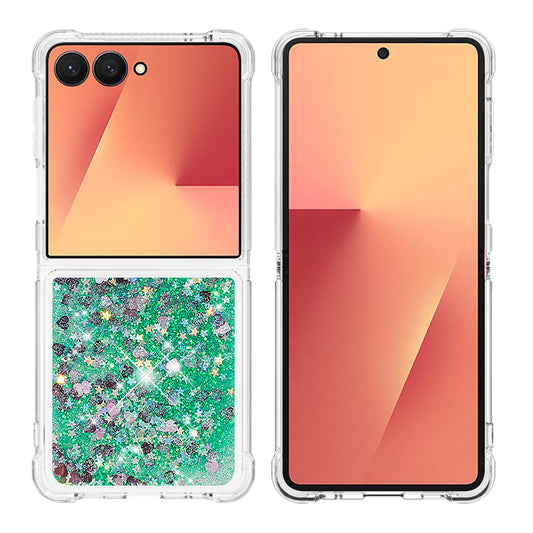 For Samsung Galaxy Z Flip7 5G TPU Case Glitter Quicksand Shockproof Phone Back Cover - Green / Hearts