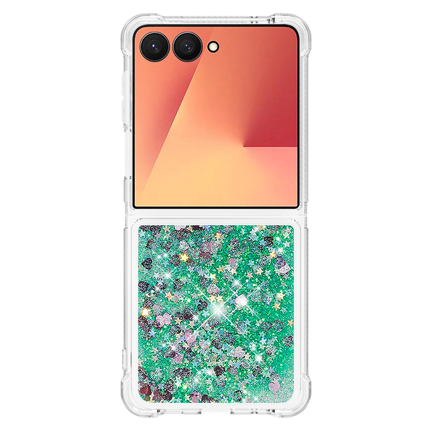 For Samsung Galaxy Z Flip7 5G TPU Case Glitter Quicksand Shockproof Phone Back Cover - Green / Hearts