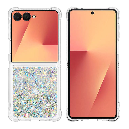 For Samsung Galaxy Z Flip7 5G TPU Case Glitter Quicksand Shockproof Phone Back Cover - Silver / Hearts