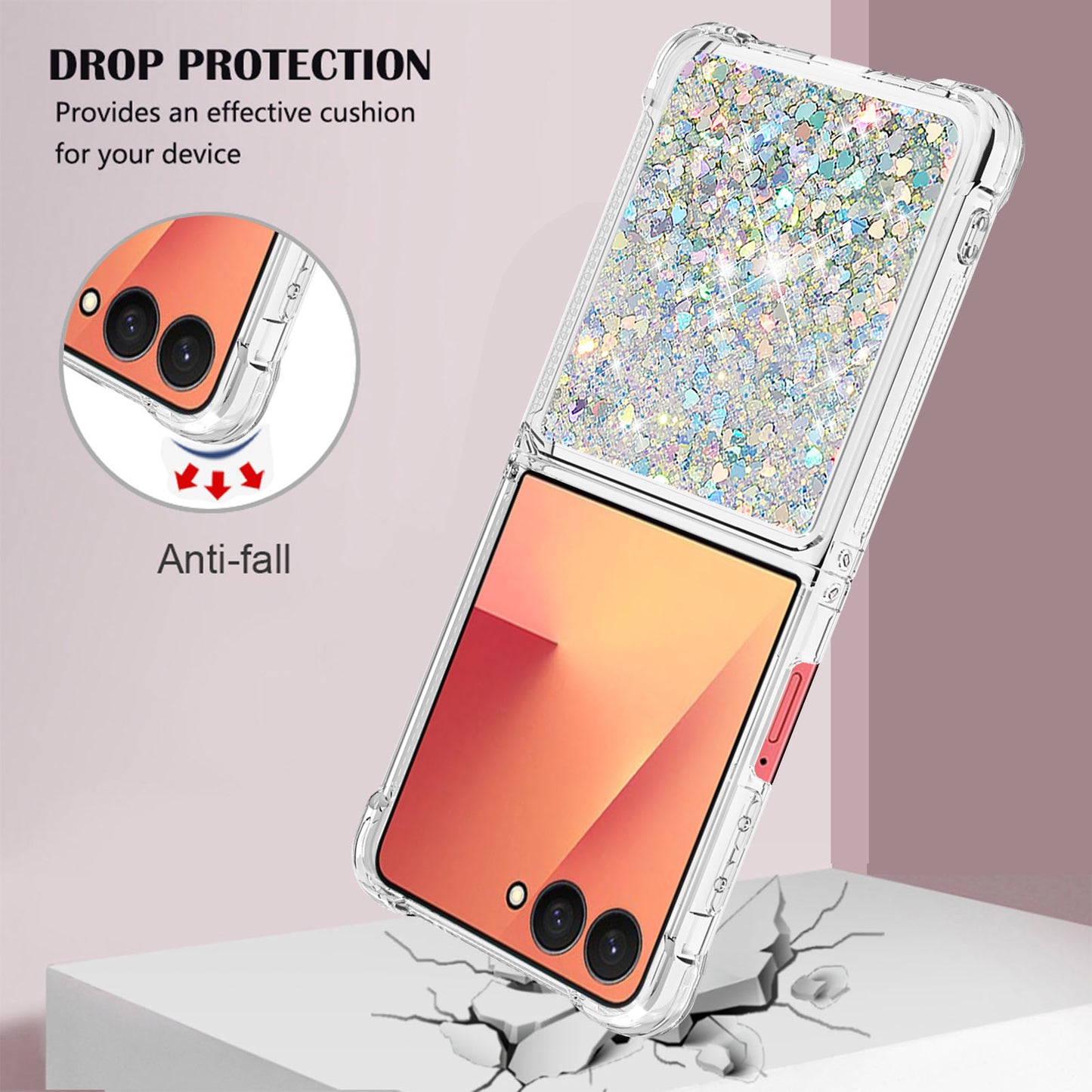 For Samsung Galaxy Z Flip7 5G TPU Case Glitter Quicksand Shockproof Phone Back Cover - Silver / Hearts