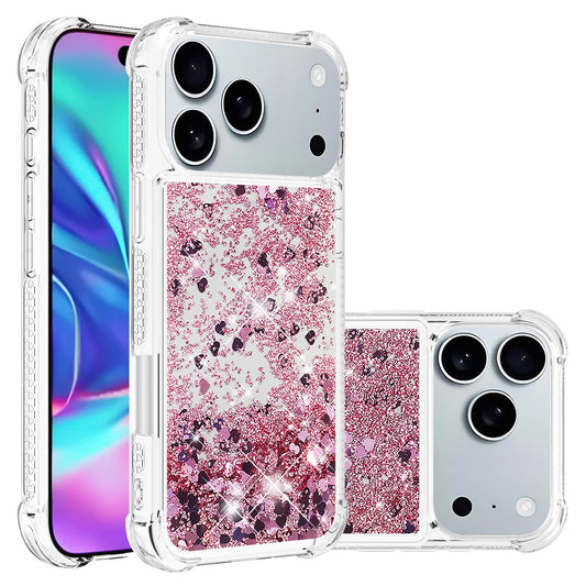 For iPhone 17 Pro Max TPU Case Glitter Quicksand Shockproof Phone Back Cover - Rose Gold / Hearts
