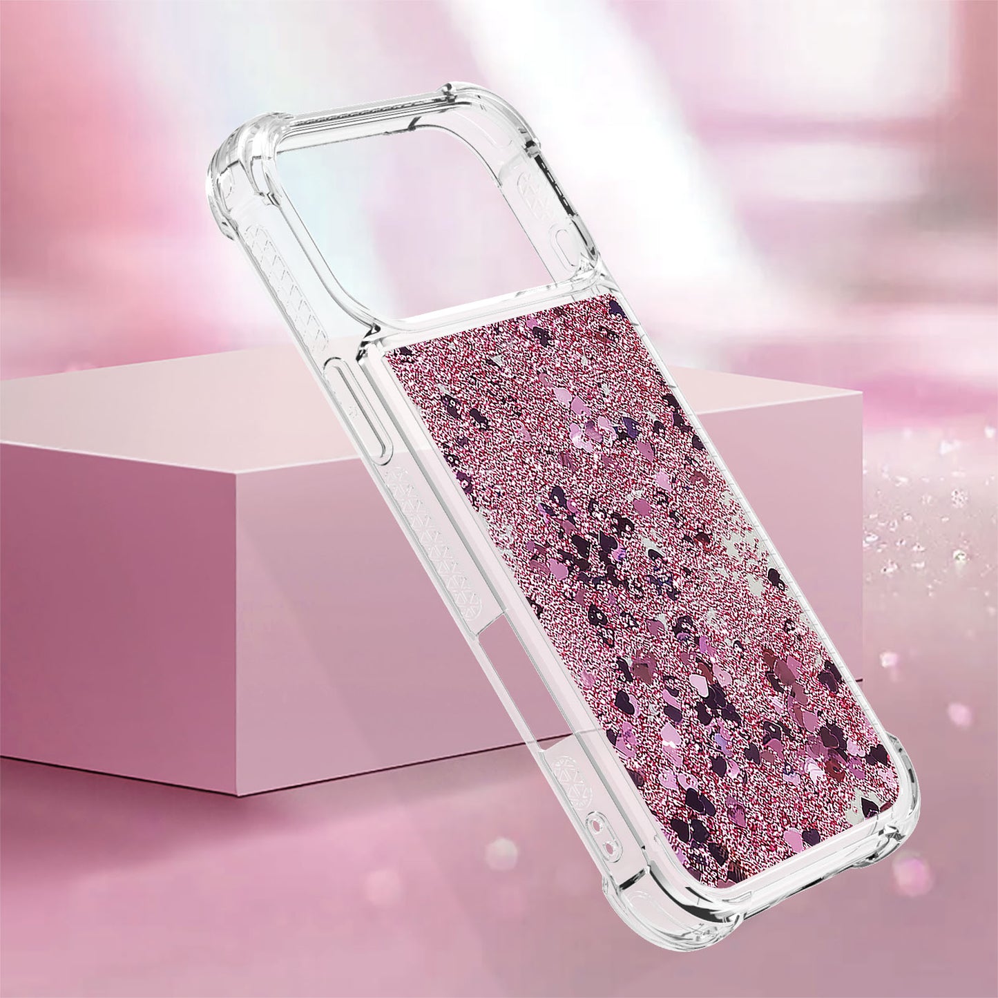 For iPhone 17 Pro Max TPU Case Glitter Quicksand Shockproof Phone Back Cover - Rose Gold / Hearts