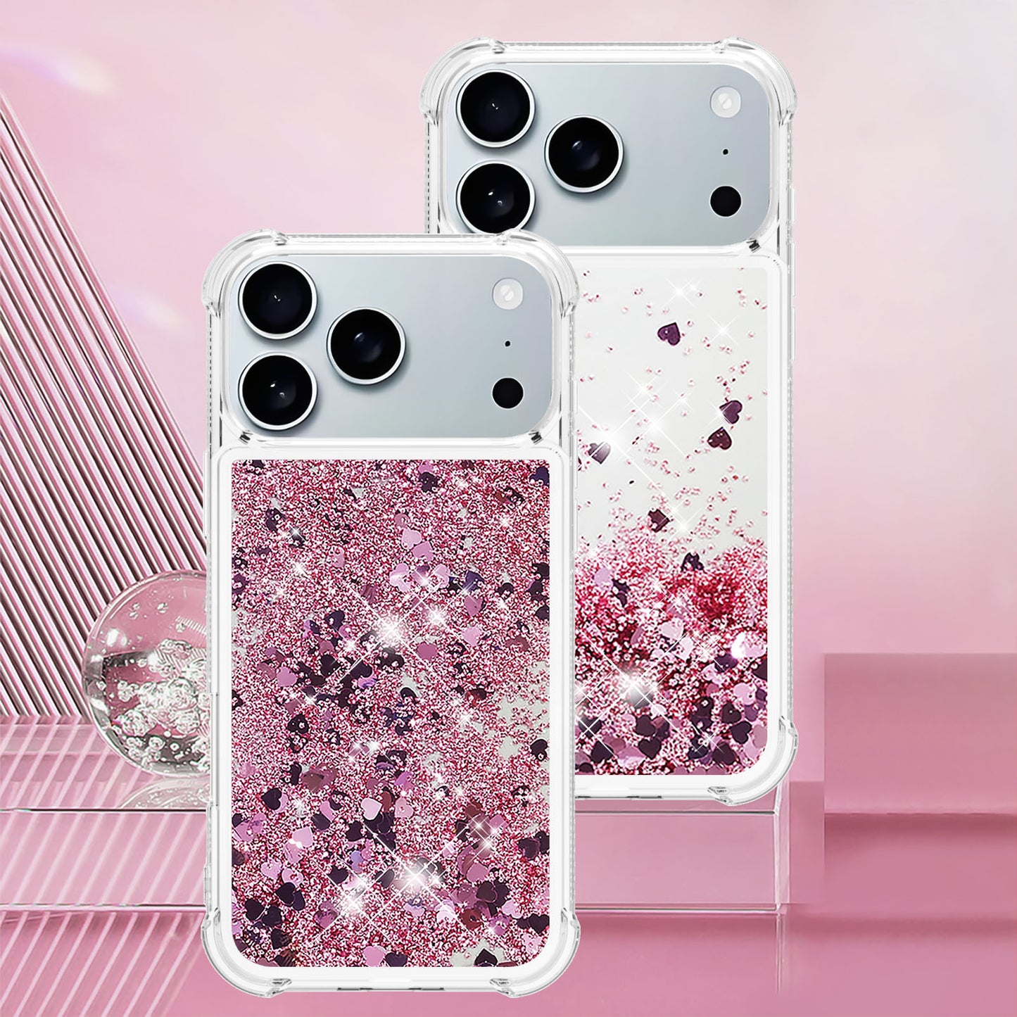For iPhone 17 Pro Max TPU Case Glitter Quicksand Shockproof Phone Back Cover - Rose Gold / Hearts