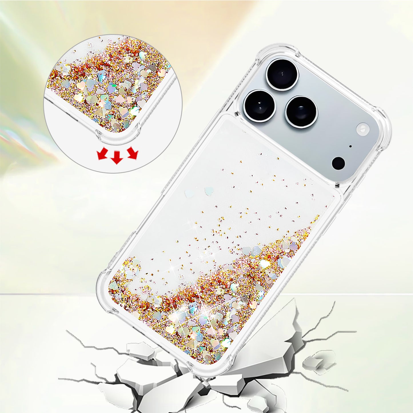 For iPhone 17 Pro Max TPU Case Glitter Quicksand Shockproof Phone Back Cover - Gold / Hearts