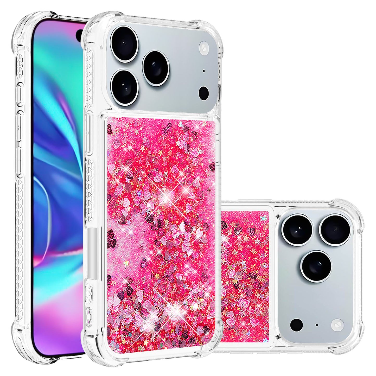 For iPhone 17 Pro Max TPU Case Glitter Quicksand Shockproof Phone Back Cover - Pink / Hearts