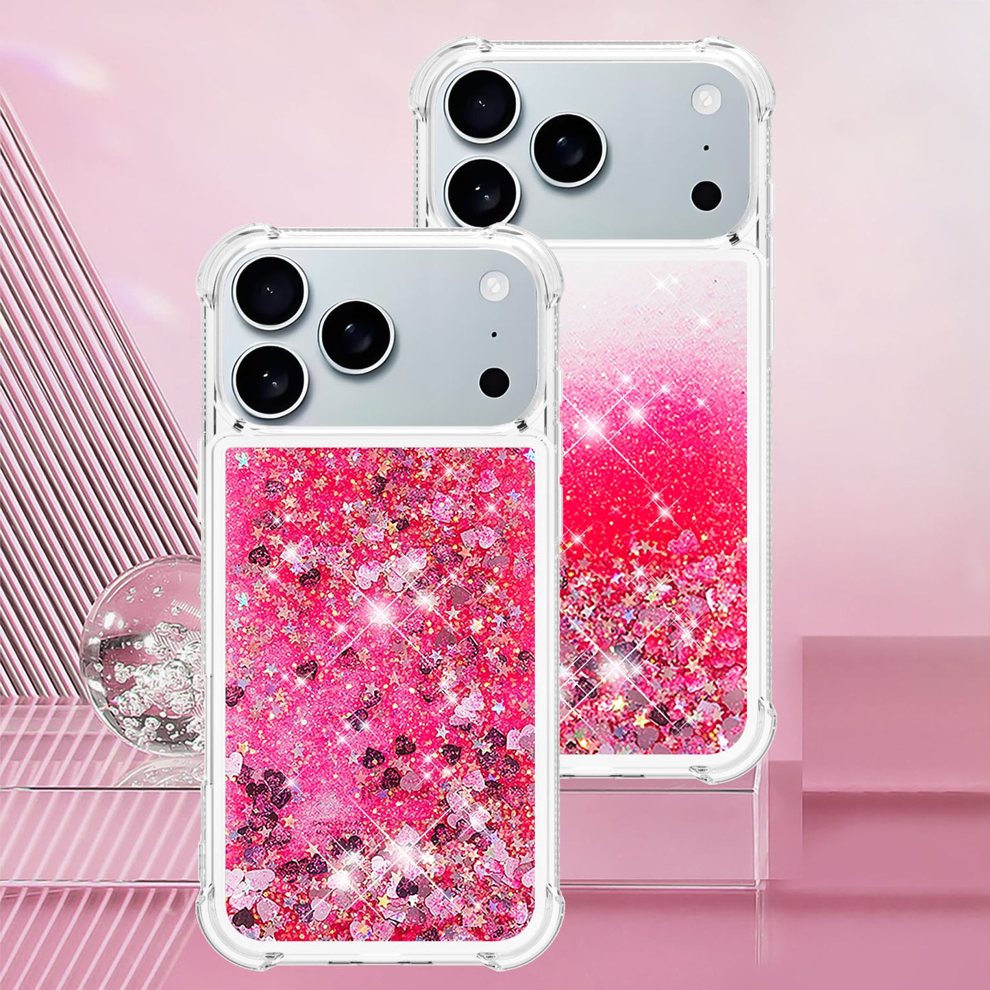 For iPhone 17 Pro Max TPU Case Glitter Quicksand Shockproof Phone Back Cover - Pink / Hearts