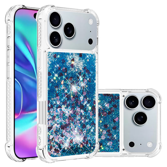 For iPhone 17 Pro Max TPU Case Glitter Quicksand Shockproof Phone Back Cover - Blue / Hearts