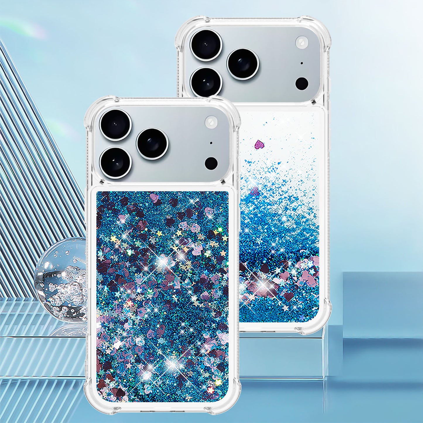 For iPhone 17 Pro Max TPU Case Glitter Quicksand Shockproof Phone Back Cover - Blue / Hearts