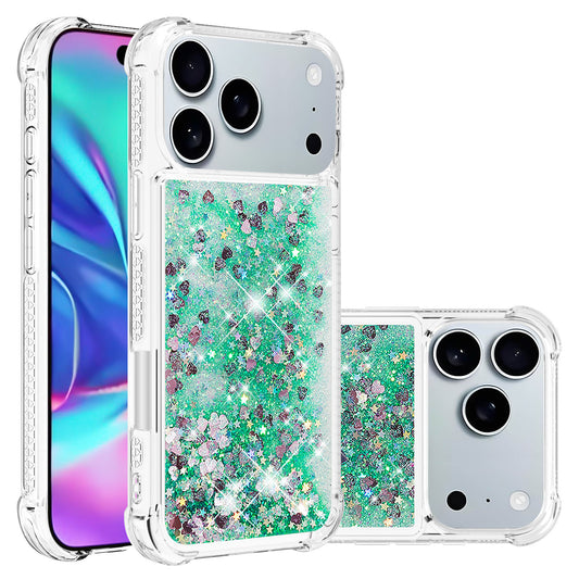 For iPhone 17 Pro Max TPU Case Glitter Quicksand Shockproof Phone Back Cover - Green / Hearts