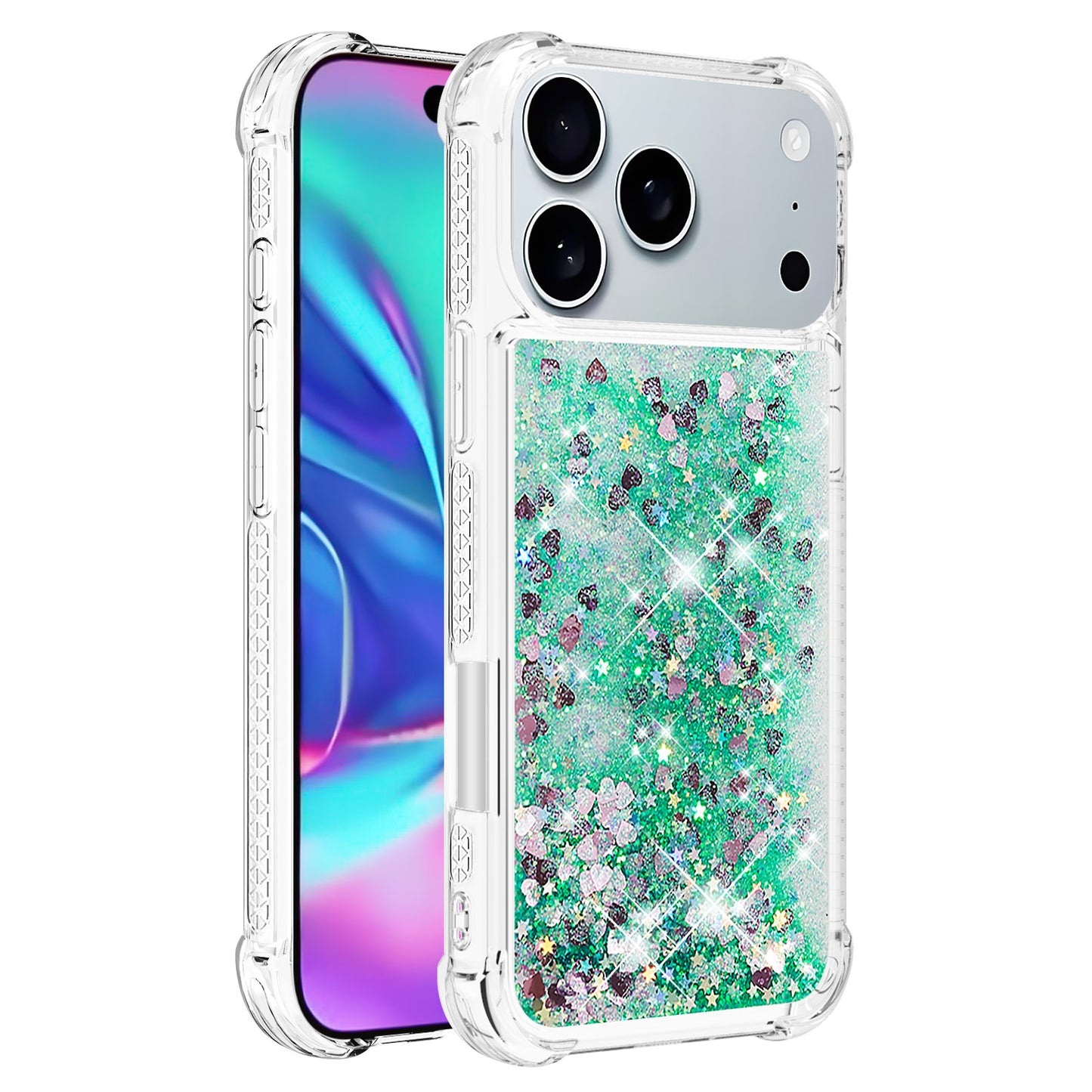 For iPhone 17 Pro Max TPU Case Glitter Quicksand Shockproof Phone Back Cover - Green / Hearts