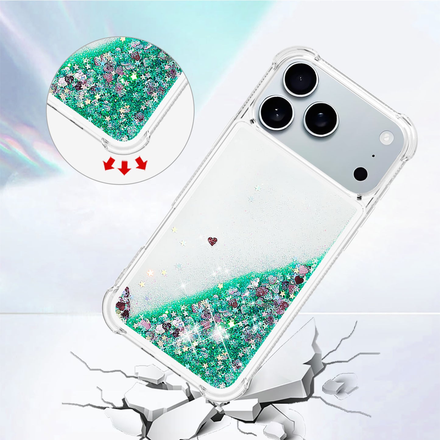 For iPhone 17 Pro Max TPU Case Glitter Quicksand Shockproof Phone Back Cover - Green / Hearts