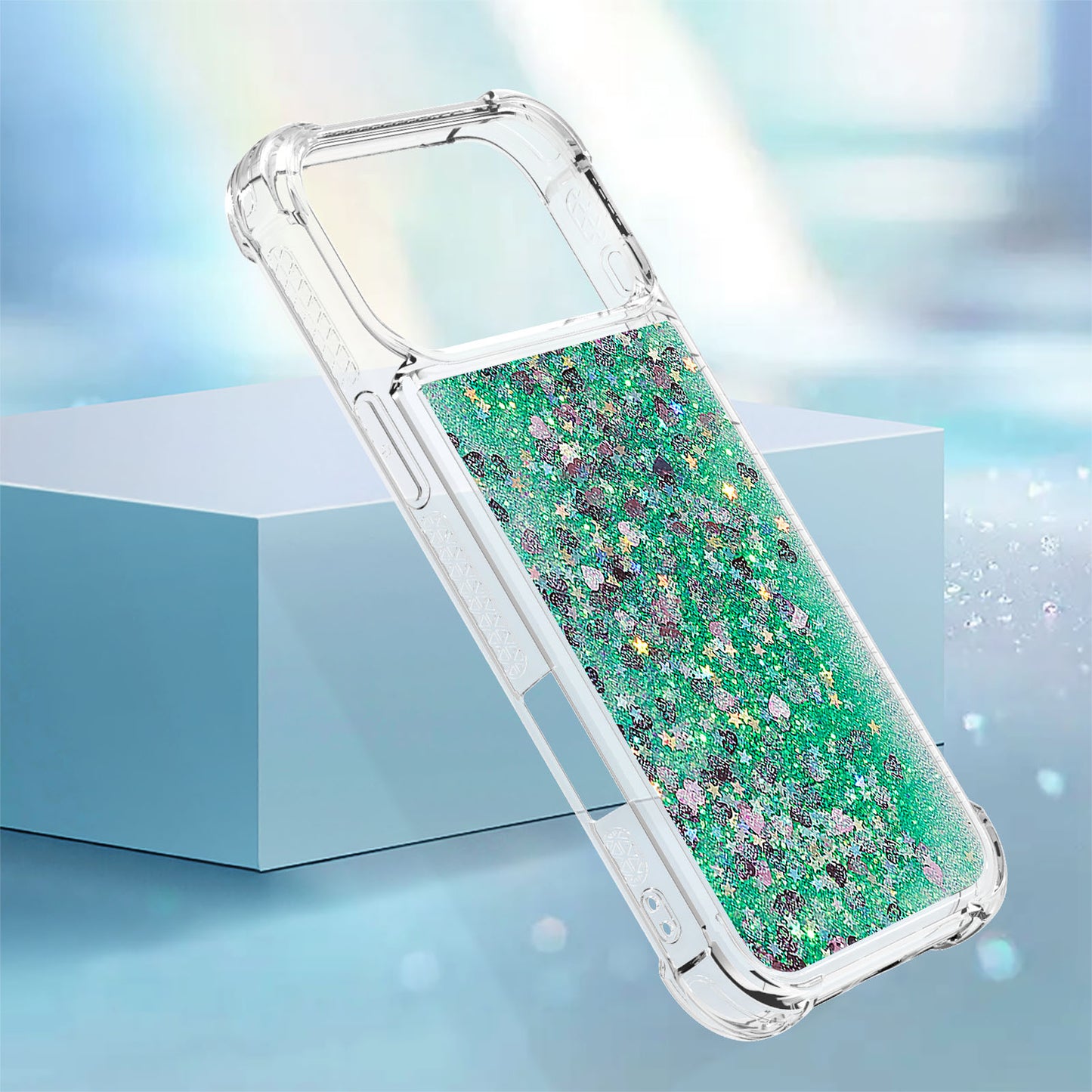 For iPhone 17 Pro Max TPU Case Glitter Quicksand Shockproof Phone Back Cover - Green / Hearts