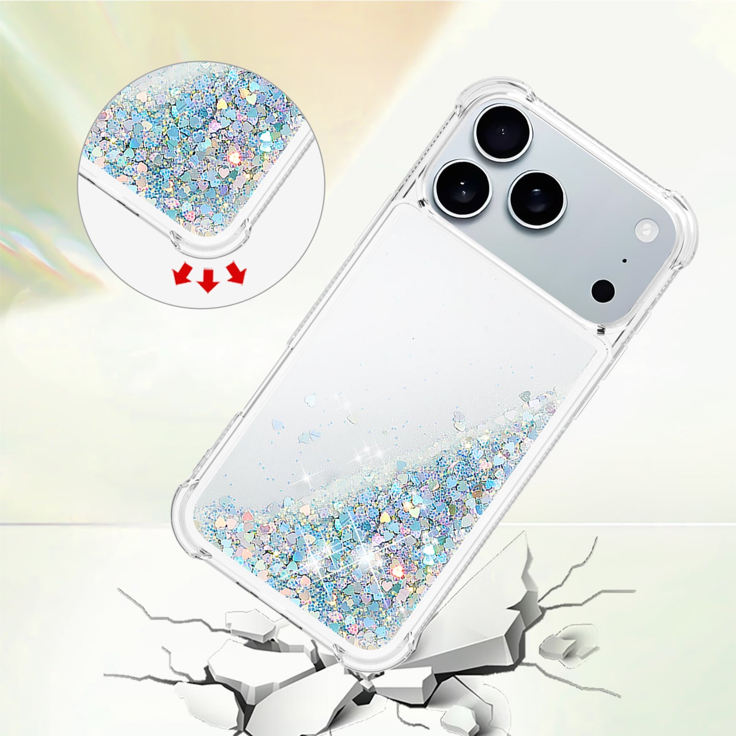For iPhone 17 Pro Max TPU Case Glitter Quicksand Shockproof Phone Back Cover - Silver / Hearts