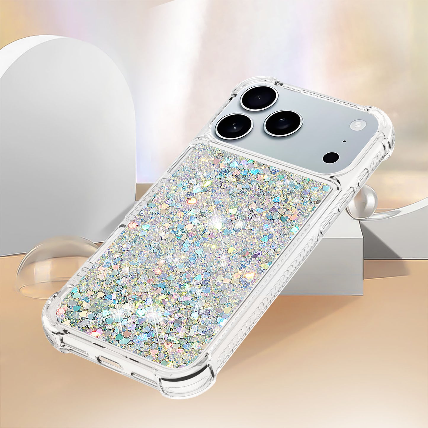 For iPhone 17 Pro Max TPU Case Glitter Quicksand Shockproof Phone Back Cover - Silver / Hearts
