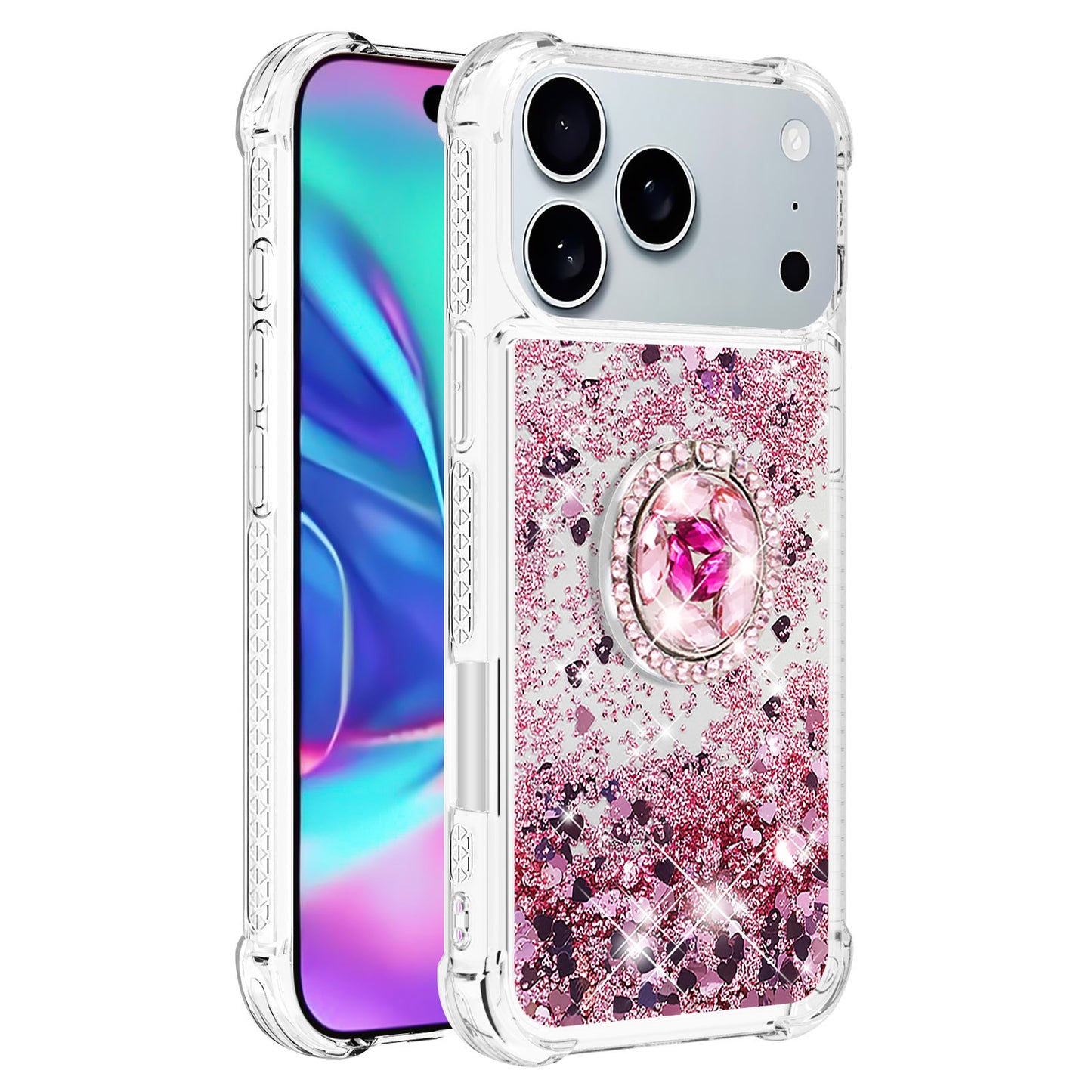 For iPhone 17 Pro Max TPU Case with Kickstand Quicksand Shockproof Cover - Rose Gold / Hearts