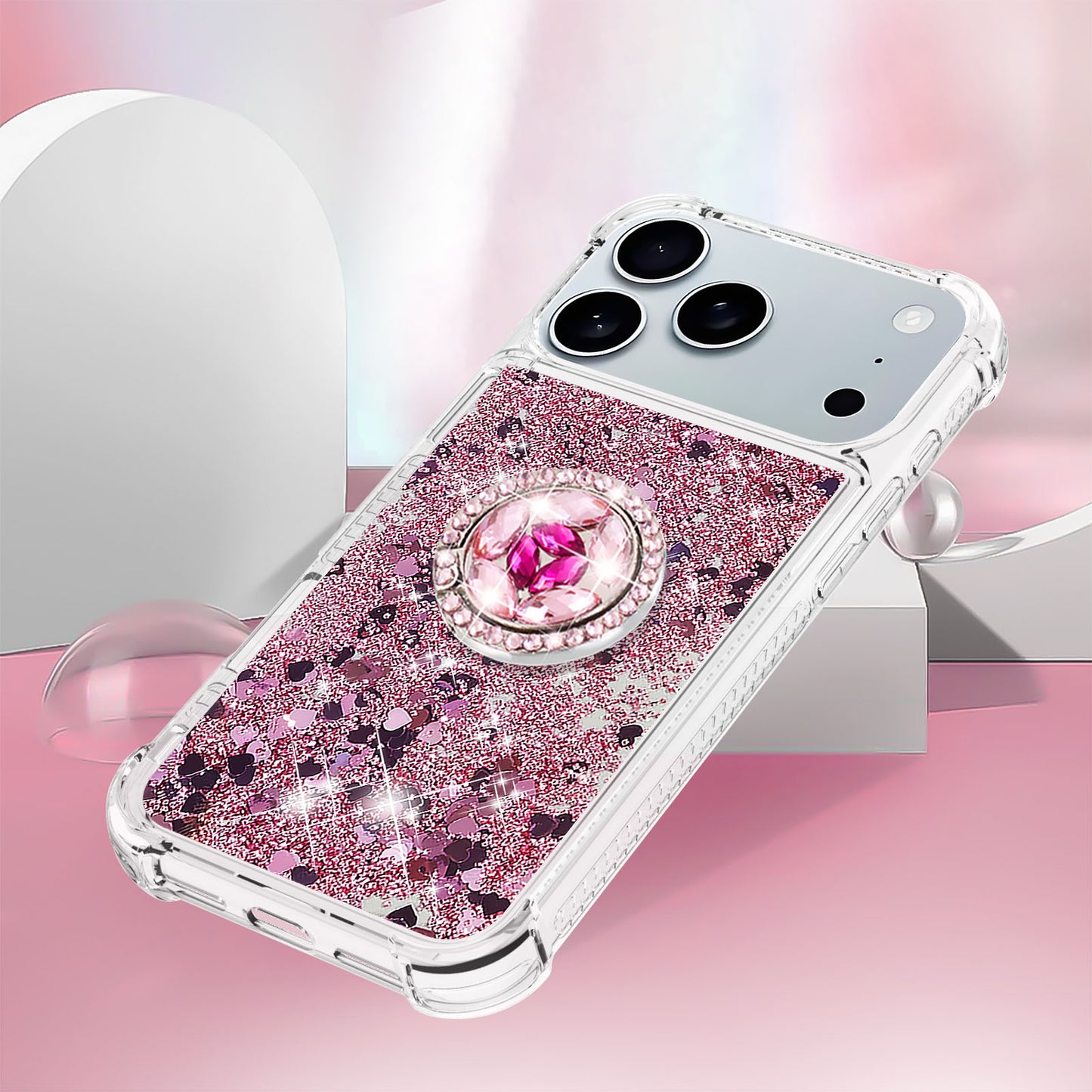 For iPhone 17 Pro Max TPU Case with Kickstand Quicksand Shockproof Cover - Rose Gold / Hearts