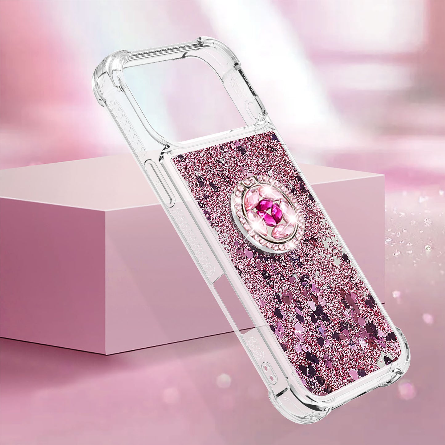 For iPhone 17 Pro Max TPU Case with Kickstand Quicksand Shockproof Cover - Rose Gold / Hearts