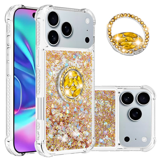 For iPhone 17 Pro Max TPU Case with Kickstand Quicksand Shockproof Cover - Gold / Hearts