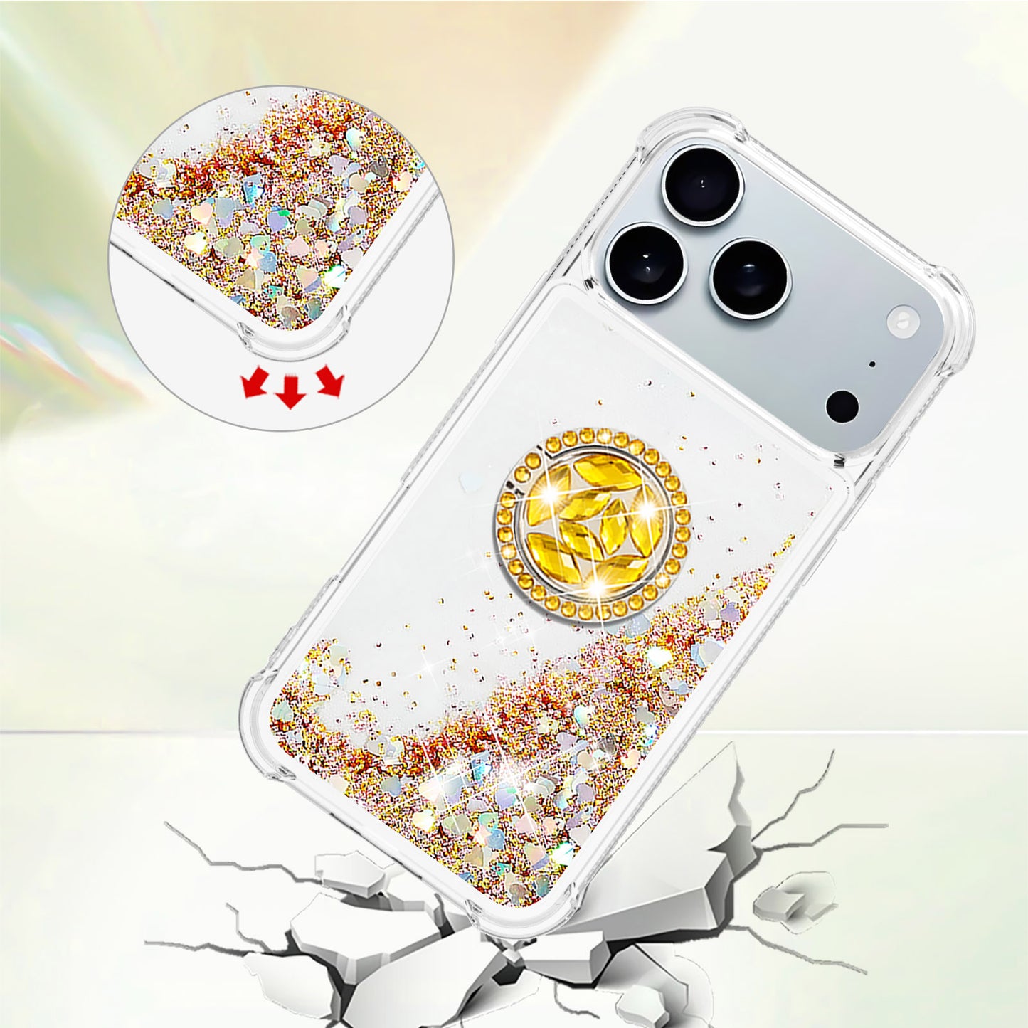 For iPhone 17 Pro Max TPU Case with Kickstand Quicksand Shockproof Cover - Gold / Hearts