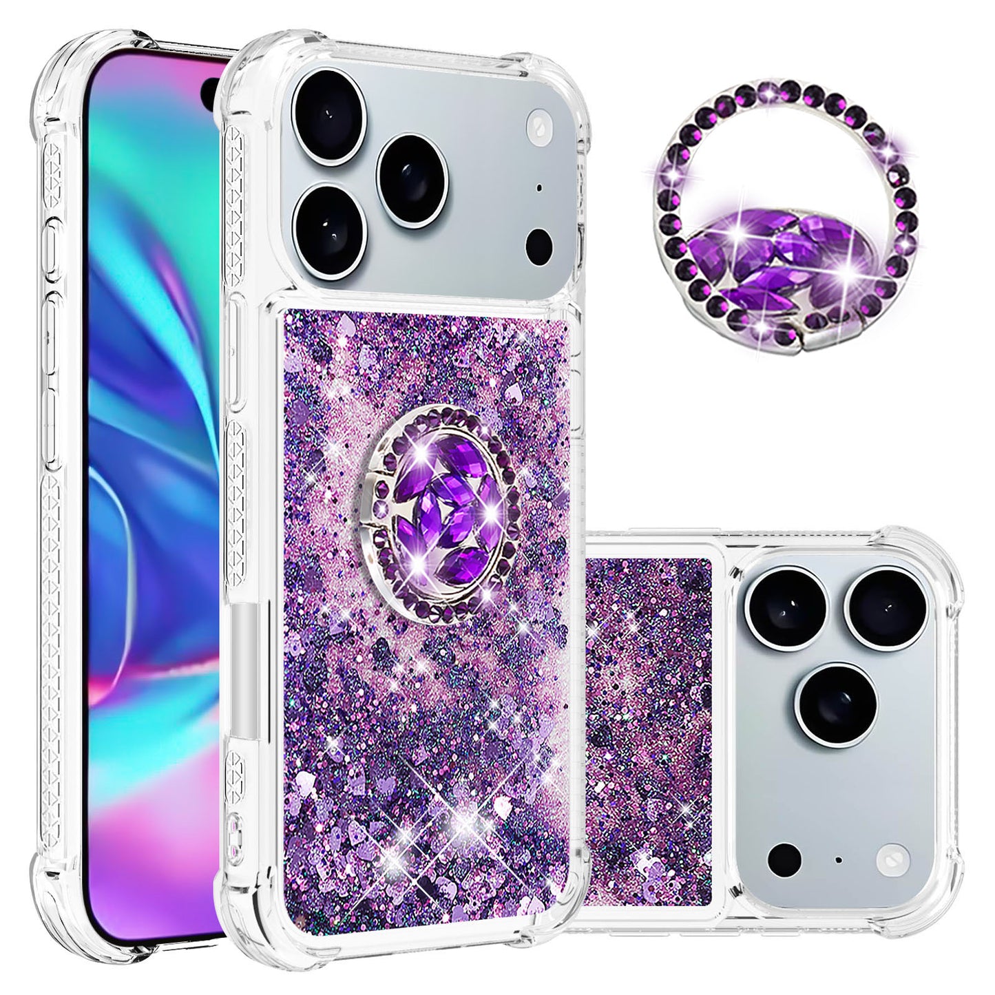 For iPhone 17 Pro Max TPU Case with Kickstand Quicksand Shockproof Cover - Dark Purple / Heart