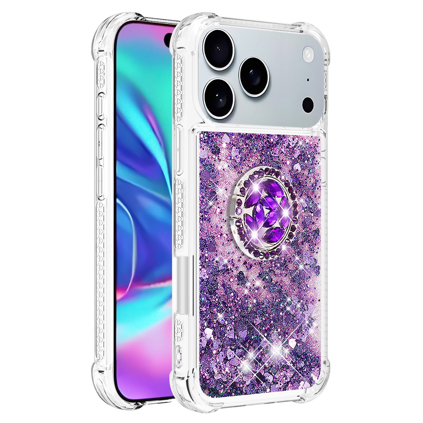 For iPhone 17 Pro Max TPU Case with Kickstand Quicksand Shockproof Cover - Dark Purple / Heart