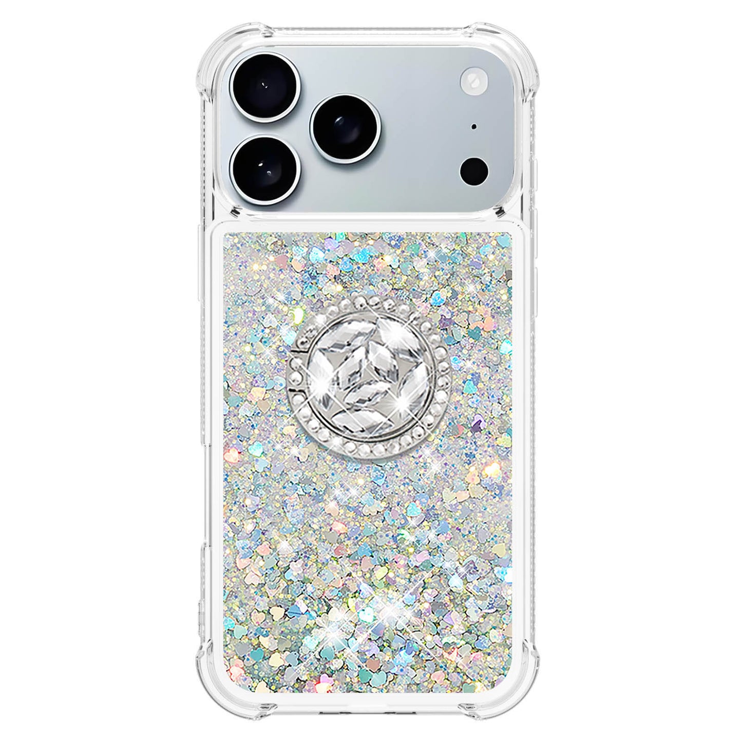 For iPhone 17 Pro Max TPU Case with Kickstand Quicksand Shockproof Cover - Silver / Hearts