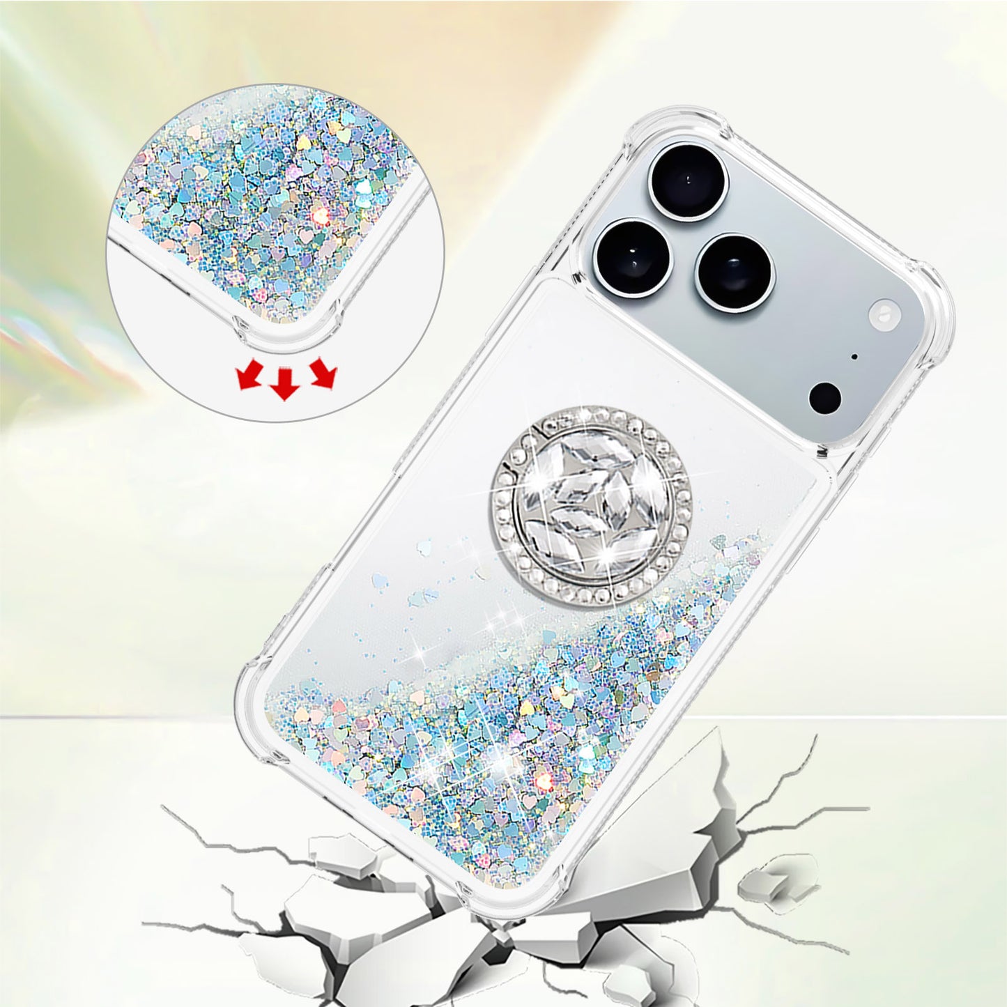 For iPhone 17 Pro Max TPU Case with Kickstand Quicksand Shockproof Cover - Silver / Hearts