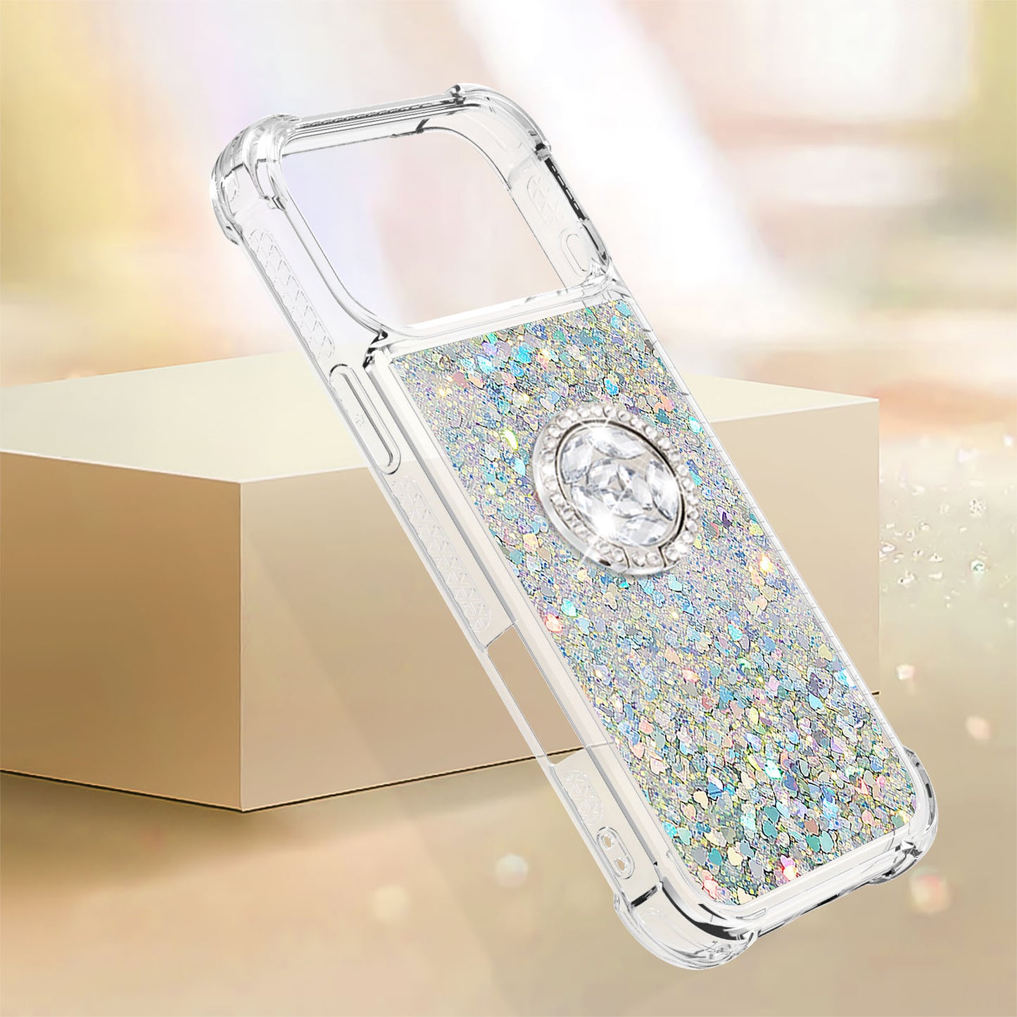 For iPhone 17 Pro Max TPU Case with Kickstand Quicksand Shockproof Cover - Silver / Hearts