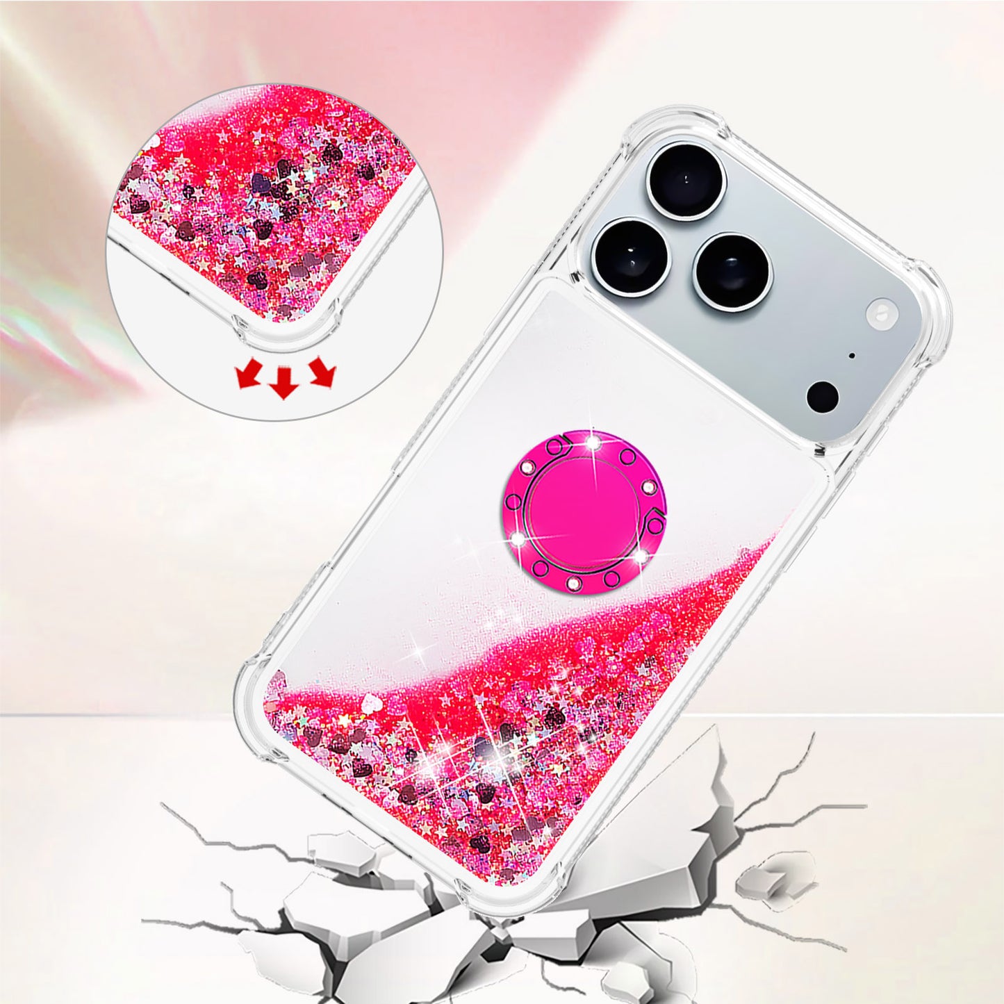 For iPhone 17 Pro Max TPU Case with Kickstand Quicksand Shockproof Cover - Pink / Hearts