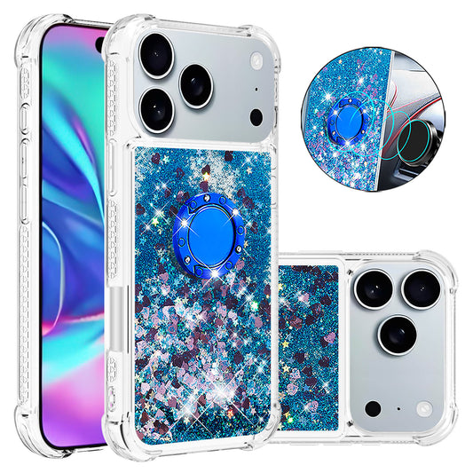 For iPhone 17 Pro Max TPU Case with Kickstand Quicksand Shockproof Cover - Blue / Hearts