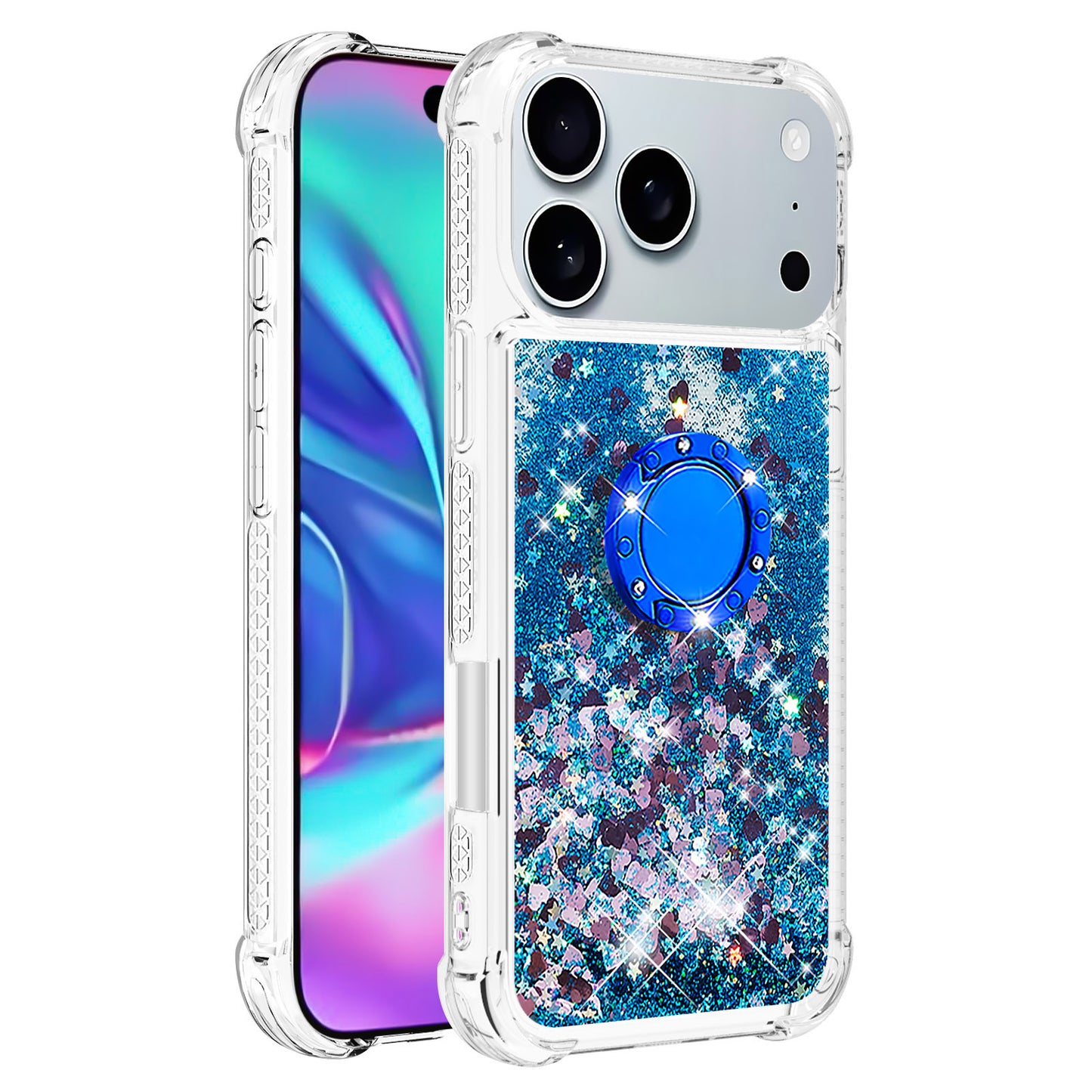 For iPhone 17 Pro Max TPU Case with Kickstand Quicksand Shockproof Cover - Blue / Hearts