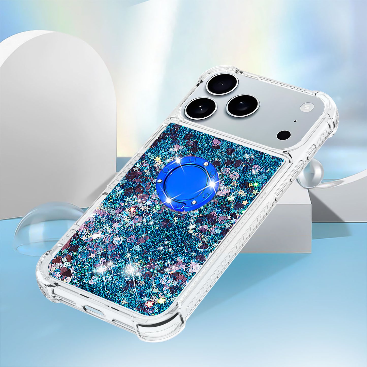For iPhone 17 Pro Max TPU Case with Kickstand Quicksand Shockproof Cover - Blue / Hearts