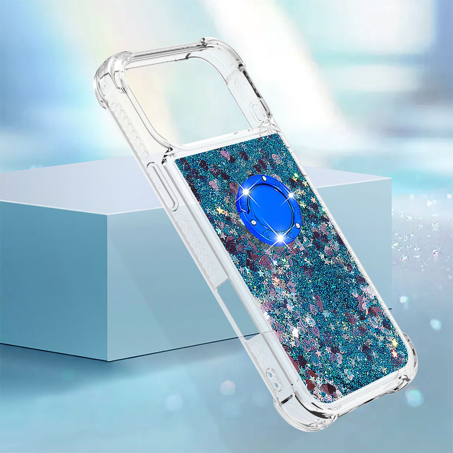 For iPhone 17 Pro Max TPU Case with Kickstand Quicksand Shockproof Cover - Blue / Hearts