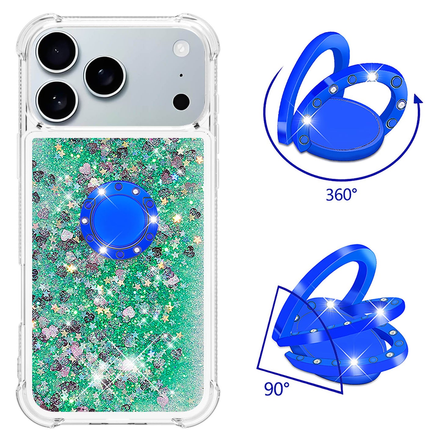 For iPhone 17 Pro Max TPU Case with Kickstand Quicksand Shockproof Cover - Green / Hearts