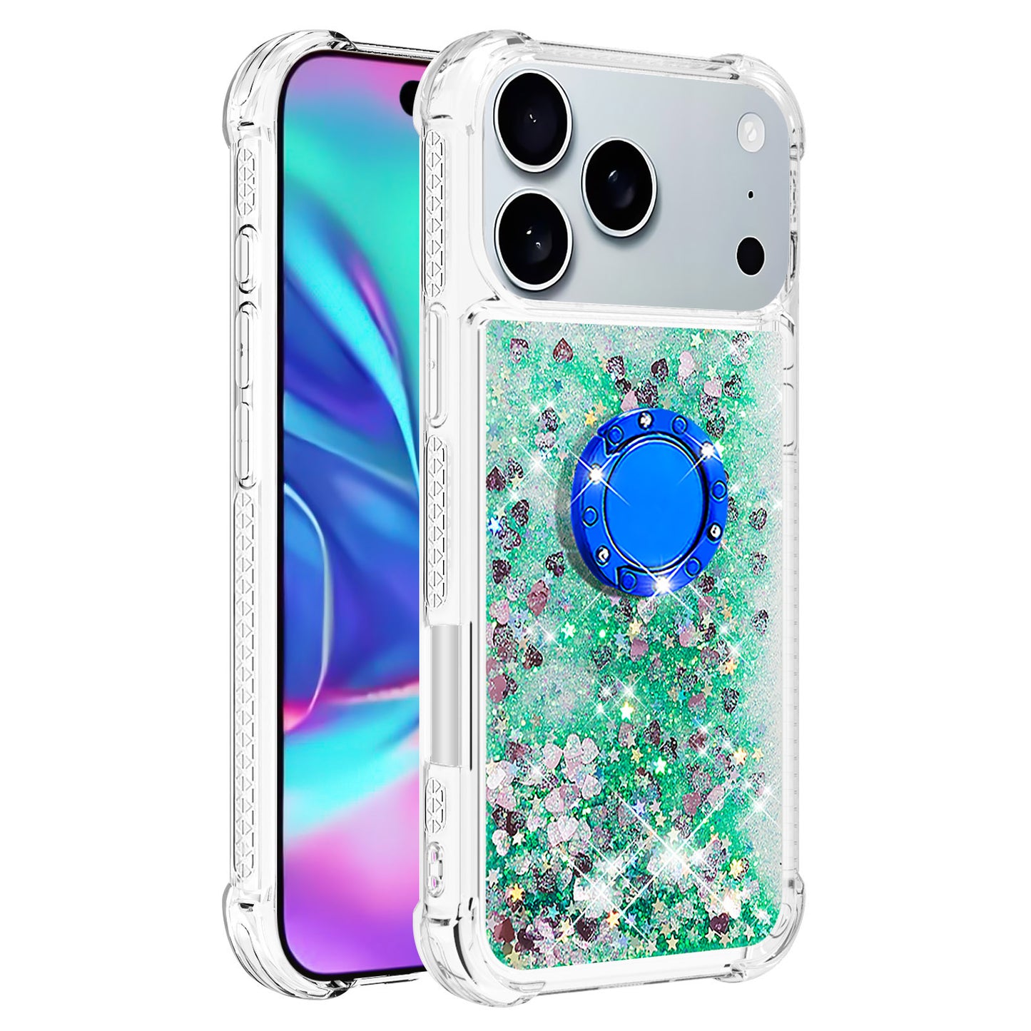 For iPhone 17 Pro Max TPU Case with Kickstand Quicksand Shockproof Cover - Green / Hearts