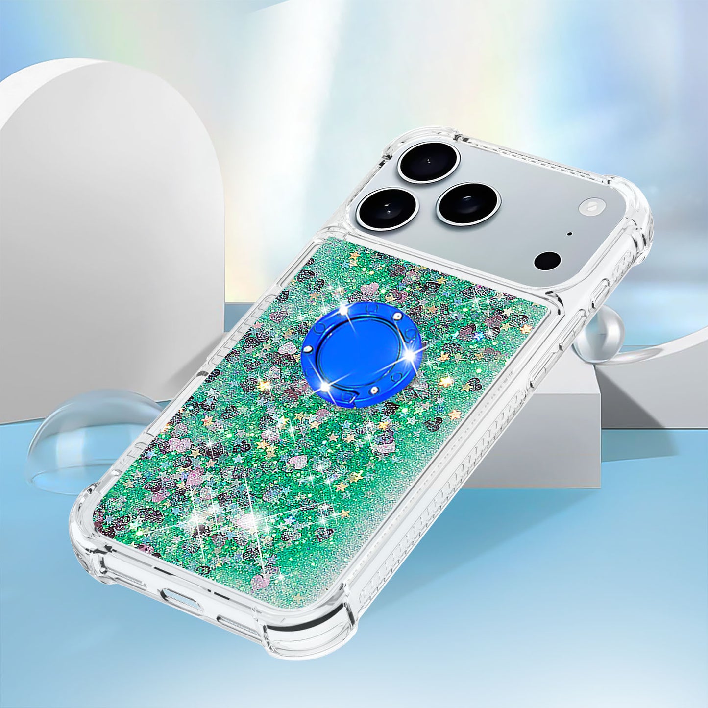 For iPhone 17 Pro Max TPU Case with Kickstand Quicksand Shockproof Cover - Green / Hearts