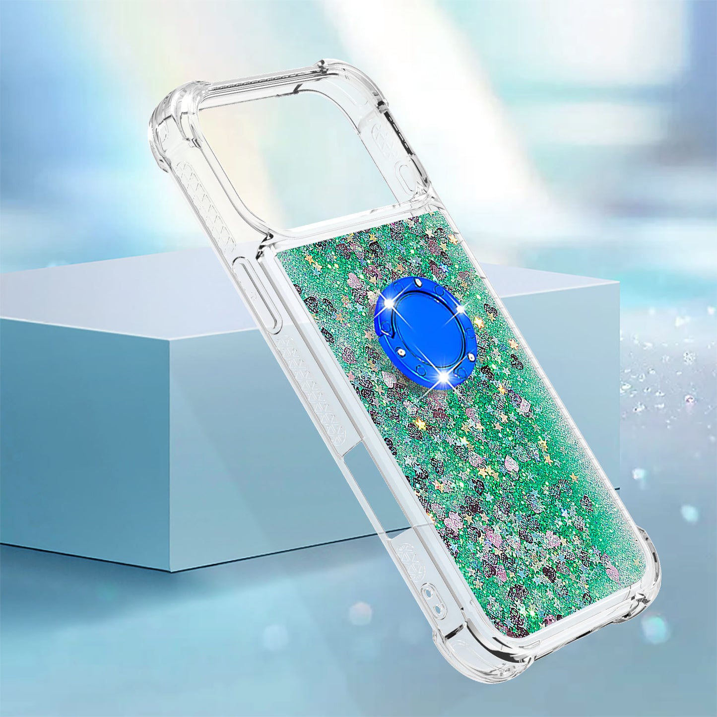 For iPhone 17 Pro Max TPU Case with Kickstand Quicksand Shockproof Cover - Green / Hearts